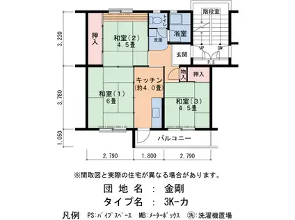 UR金剛団地 203号棟(3K/3階)の間取り写真