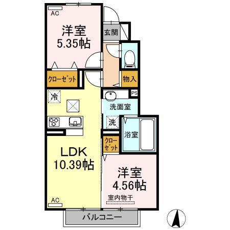 フローリッシュ下北方 B棟 D-ROOM下北方 B棟(2LDK/1階)の間取り写真