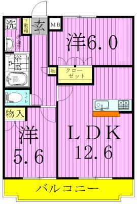 グランベル・ハウス Ⅰ(2LDK/2階)の間取り写真