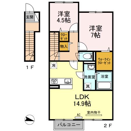 フォンテーヌ金倉 C棟(2LDK/2階)の間取り写真
