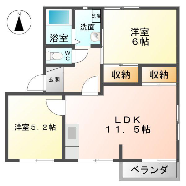 シャンポール赤土坂A棟(2LDK/2階)の間取り写真