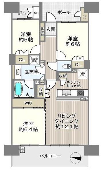 六甲アイランドシティW7レジデンス12番館(3LDK/4階)の間取り写真