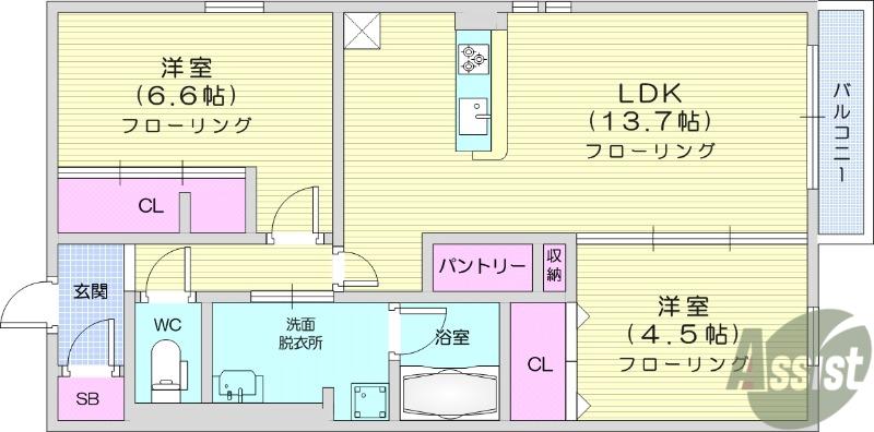 アーバングレイス上杉(2LDK/1階)の間取り写真