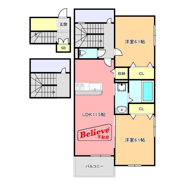 エルグランドパティオ弐番館(2LDK/3階)の間取り写真