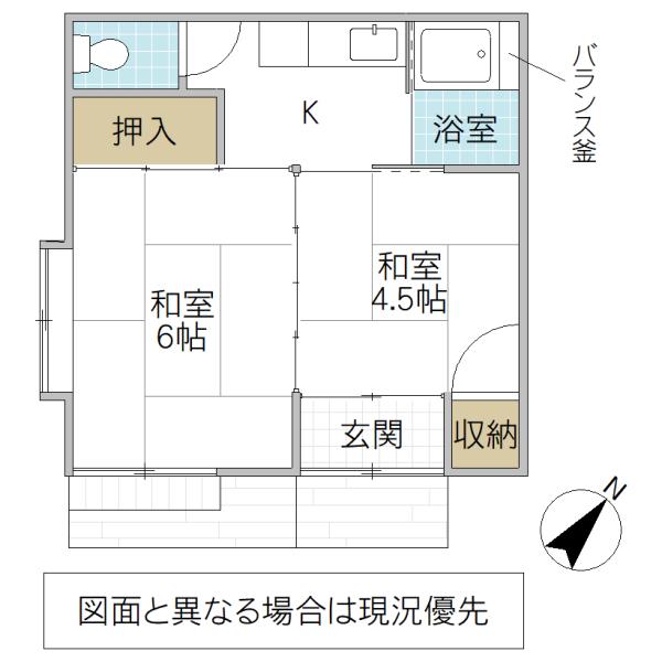 末広町五丁目棟割戸建(2K/1階)の間取り写真