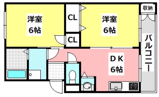 ハコス摂(2DK/3階)の間取り写真