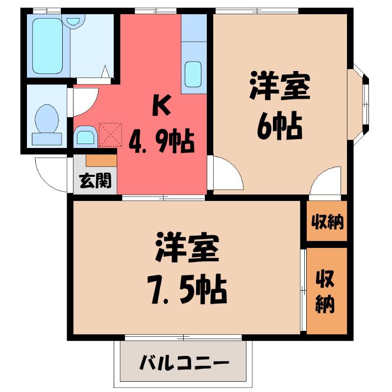 ルビーヒルズD(2K/2階)の間取り写真