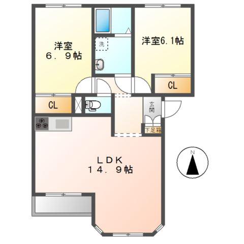 ヴィラ ルミナスC(2LDK/2階)の間取り写真