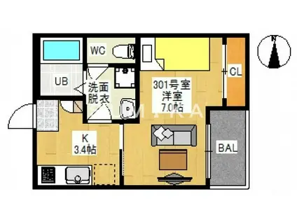 REGALEST 奥田中央I(1K/3階)の間取り写真