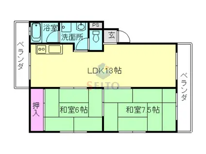 岡町ハイツ(2LDK/3階)の間取り写真