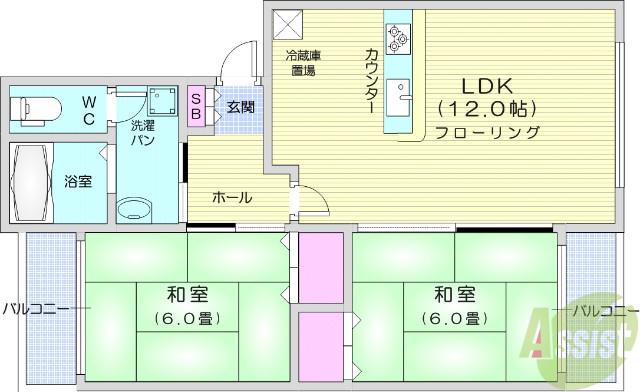 チェスナットコートⅡ(2LDK/2階)の間取り写真