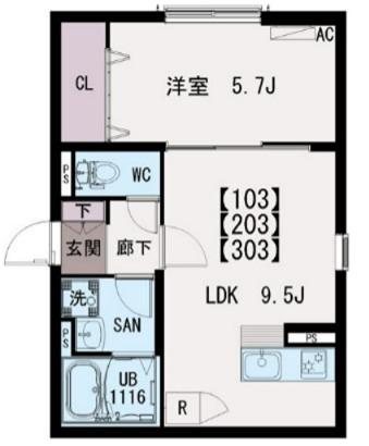 IRIS COURT TX六町(1LDK/1階)の間取り写真