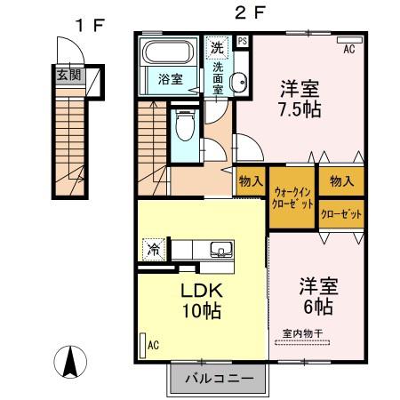 サブリナガーデン宝田B(2LDK/2階)の間取り写真