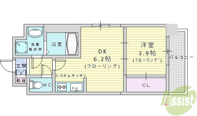 ライブガーデン江坂Ⅳ(1DK/9階)の間取り写真