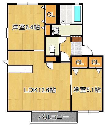 シティパル長行C棟(2LDK/1階)の間取り写真