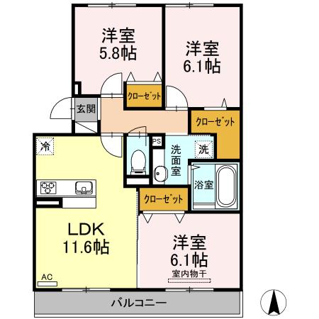 シオンKY II号館(3LDK/2階)の間取り写真