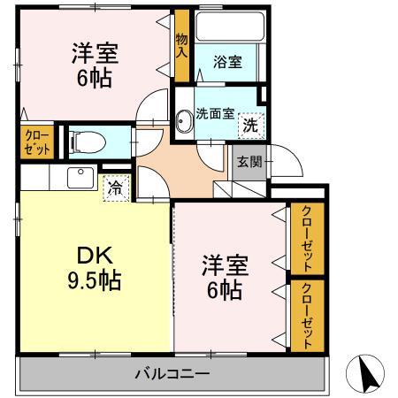 クレセント(2DK/2階)の間取り写真