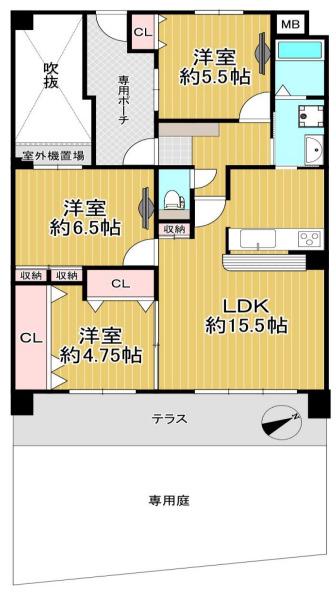 ダイアパレス枚方山田池公園 庭付(3LDK/1階)の間取り写真