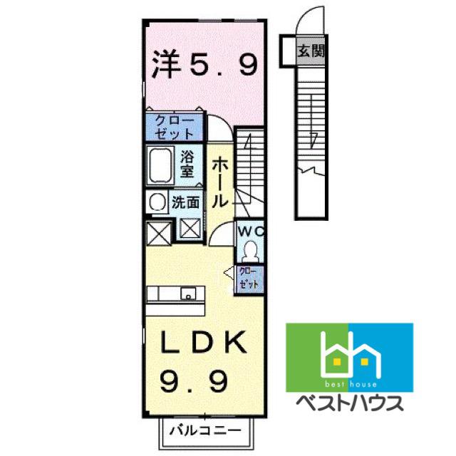 エアリーヴィラ参番館(1LDK/2階)の間取り写真