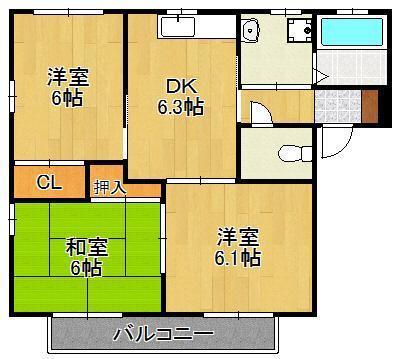 ソシアII(3DK/1階)の間取り写真