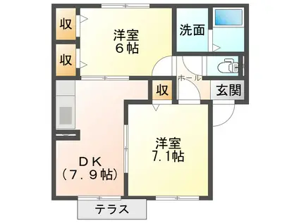 セントリバーヒルズ三雲B棟(2DK/1階)の間取り写真