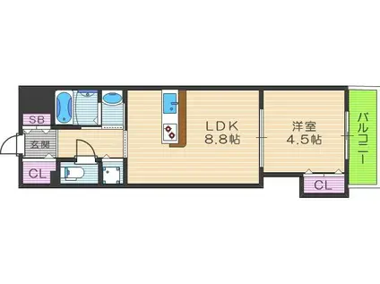 ワールド北田辺(1LDK/6階)の間取り写真