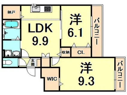 グリーン・ヒル甲東(2LDK/2階)の間取り写真