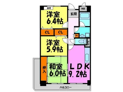 グランヴェール萩原(3LDK/4階)の間取り写真