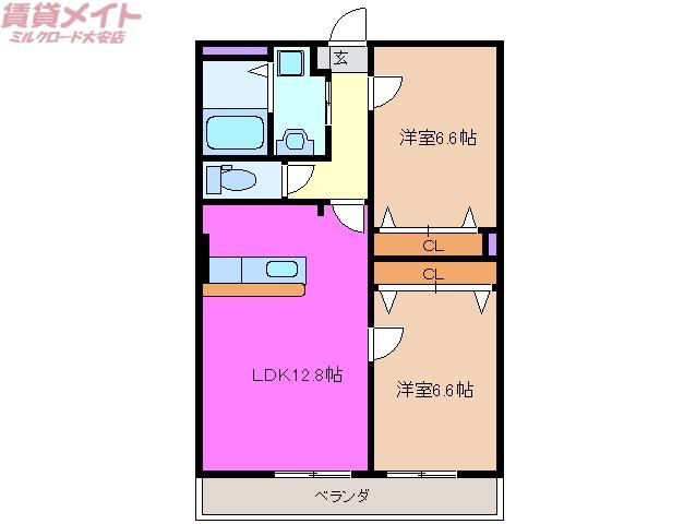 マーレ荘 菰野(2LDK/4階)の間取り写真