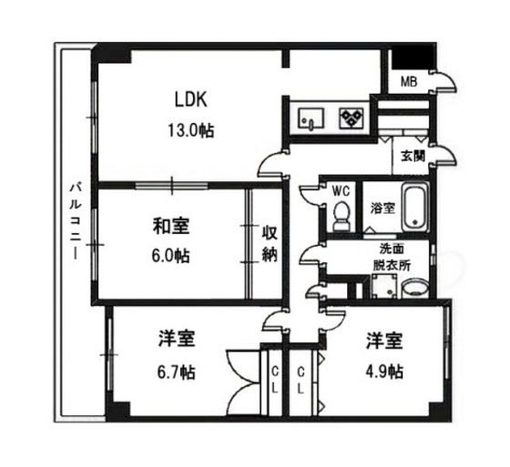 ユアコート観音(3LDK/5階)の間取り写真