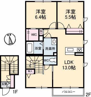 シャーメゾン浅野B棟(2LDK/2階)の間取り写真