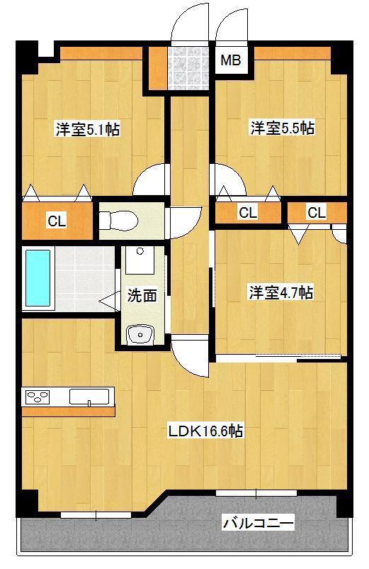 行橋第一レジデンス(3LDK/2階)の間取り写真