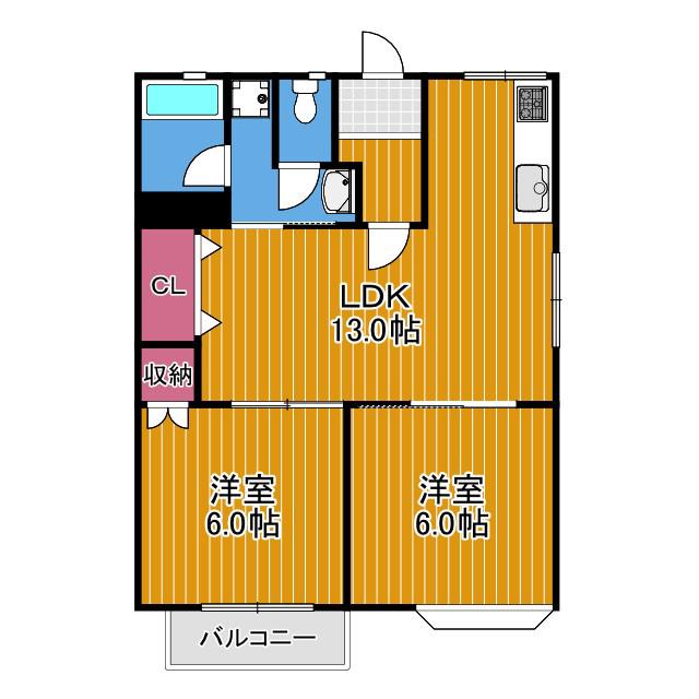 藤沢台ハイツB棟(2LDK/1階)の間取り写真