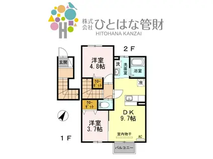 ネット使い放題DROOM階上A(2DK/2階)の間取り写真
