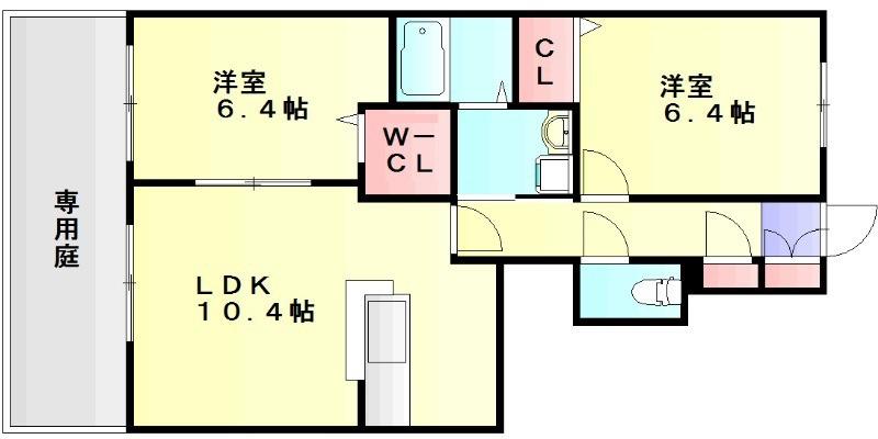 ラフィーネ・プロムナードIIIB棟(2LDK/1階)の間取り写真