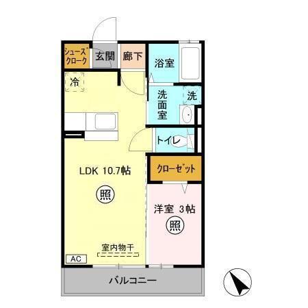 シンシア千波C(1LDK/3階)の間取り写真
