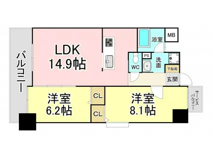 グランドツイン黒崎 A棟(2LDK/8階)の間取り写真