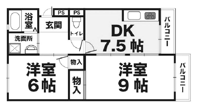 霞ヶ丘レジデンス(2DK/2階)の間取り写真