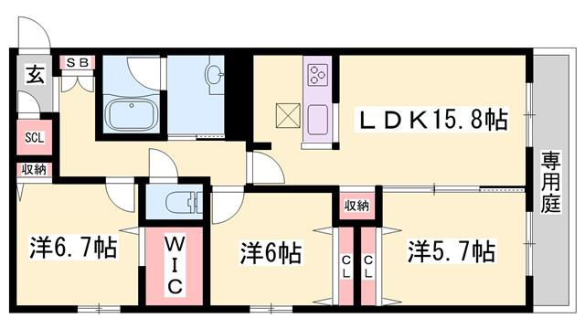 オカバ姫路青山シャーメゾン(3LDK/1階)の間取り写真