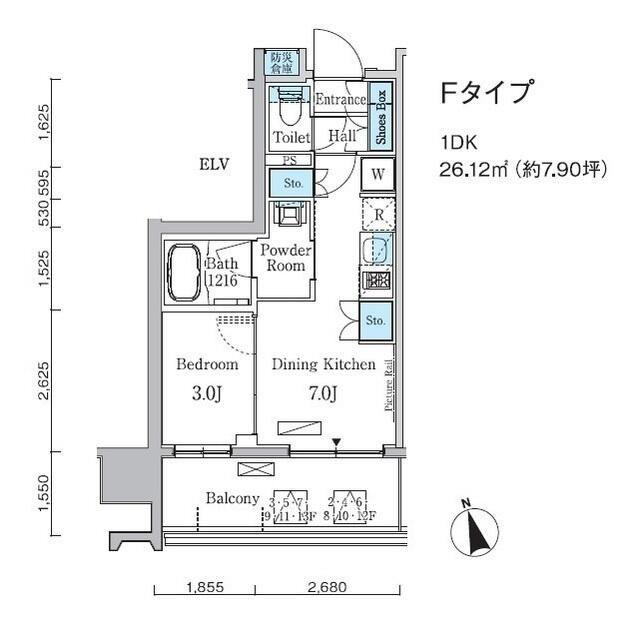 ライオンズフォーシア中央MINATO(1DK/12階)の間取り写真