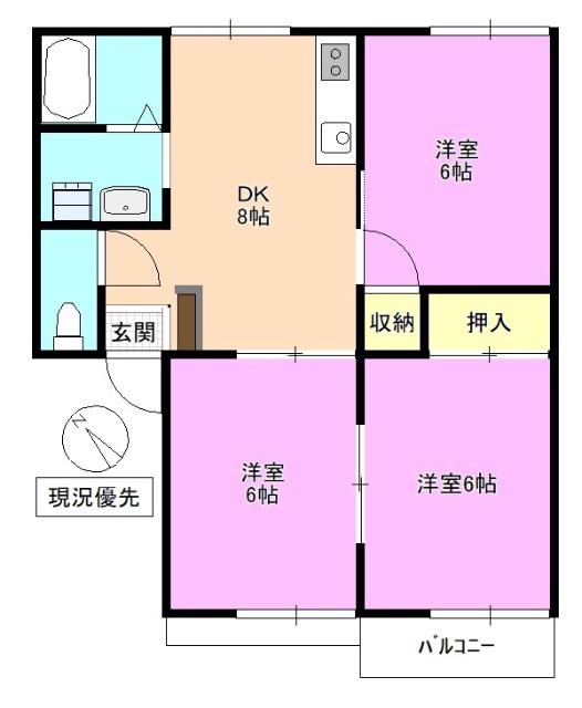タウニィ稲葉 NE(3DK/1階)の間取り写真