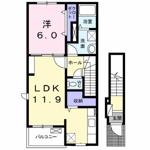 アンジュ・ソレイユ A(1LDK/2階)の間取り写真