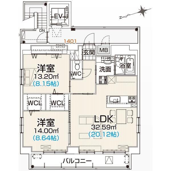 ザ・ラウンジ大須(2LDK/14階)の間取り写真
