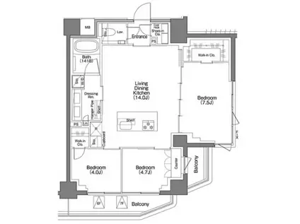 ザ・パークハビオSOHO祐天寺(3LDK/7階)の間取り写真