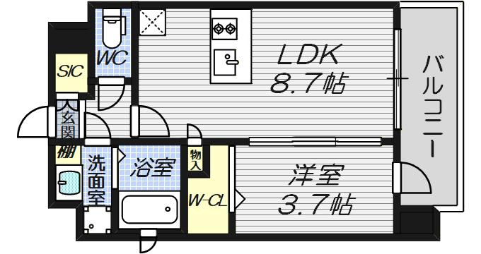 プランドール新北野(1LDK/4階)の間取り写真