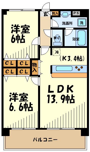 メルヴェーユ調布(2LDK/3階)の間取り写真