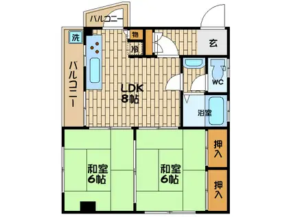ハイツ福岡(2LDK/3階)の間取り写真