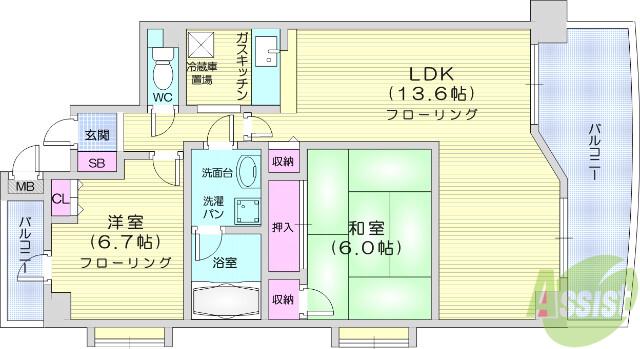 グランウィング(2LDK/4階)の間取り写真