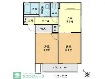 ローズハイム船橋宮本(2DK/1階)の間取り写真