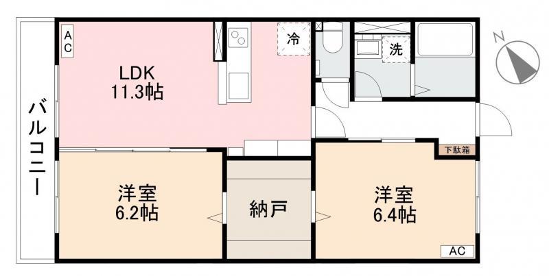 グランリーヴ西宝(2LDK/3階)の間取り写真